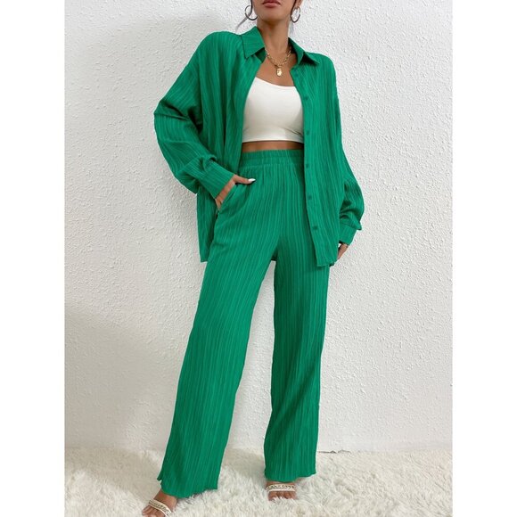 2 piece set: button down shirt & wide leg pants textured black - Picture 5 of 8